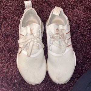 Adidas NMD_R1 Shoes. White and Gold. Worn. Size 7.